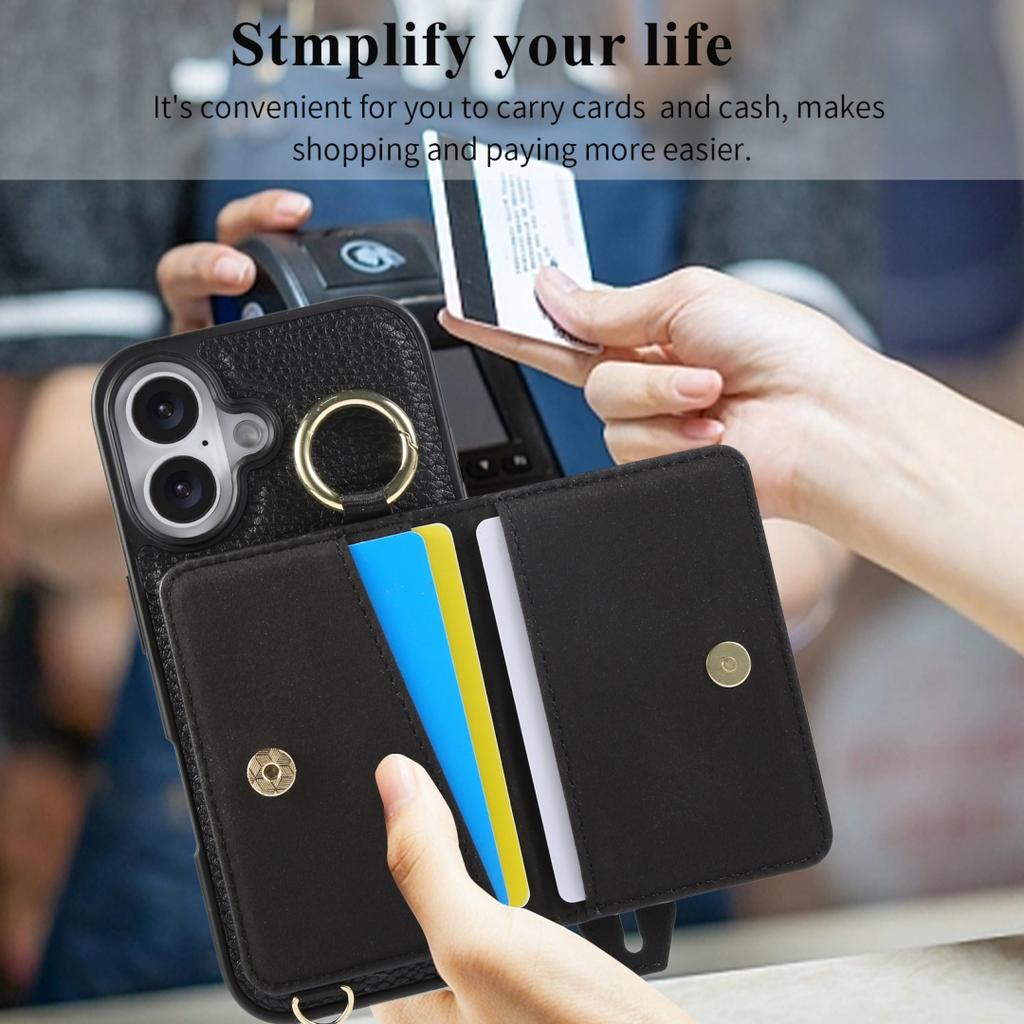 For iphone 16 15 14 Plus 16E Case PU Leather Wallet Bag Grip Strap Holder Neck Shoulder Long Crossbody Lanyard Ring Clasp Cover