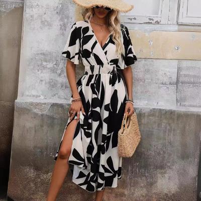Summer Elegant Women's Cross-neck Belted Floral Print Split Dress
