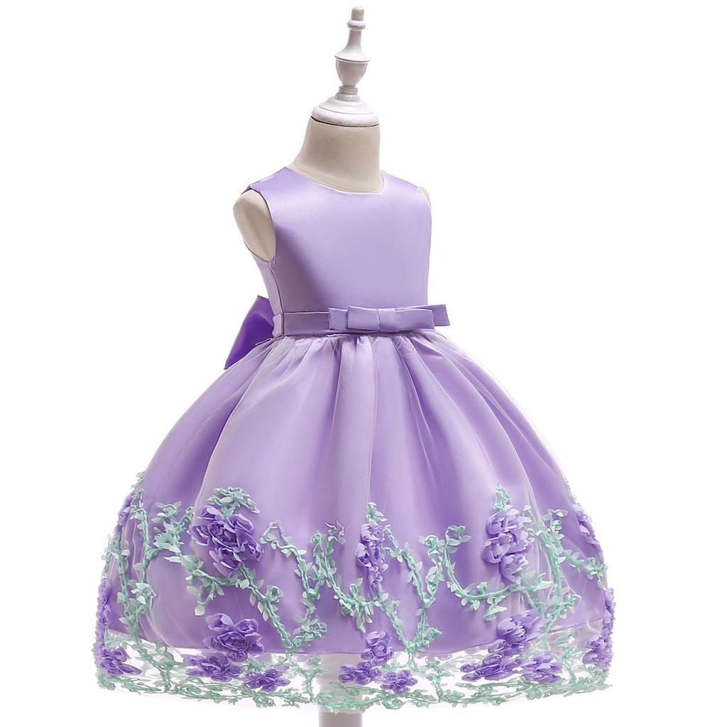 Summer Girls' Children's Dress Children's Wedding Dress Baby's First Birthday Dress Applique Mesh Puffy Skirt