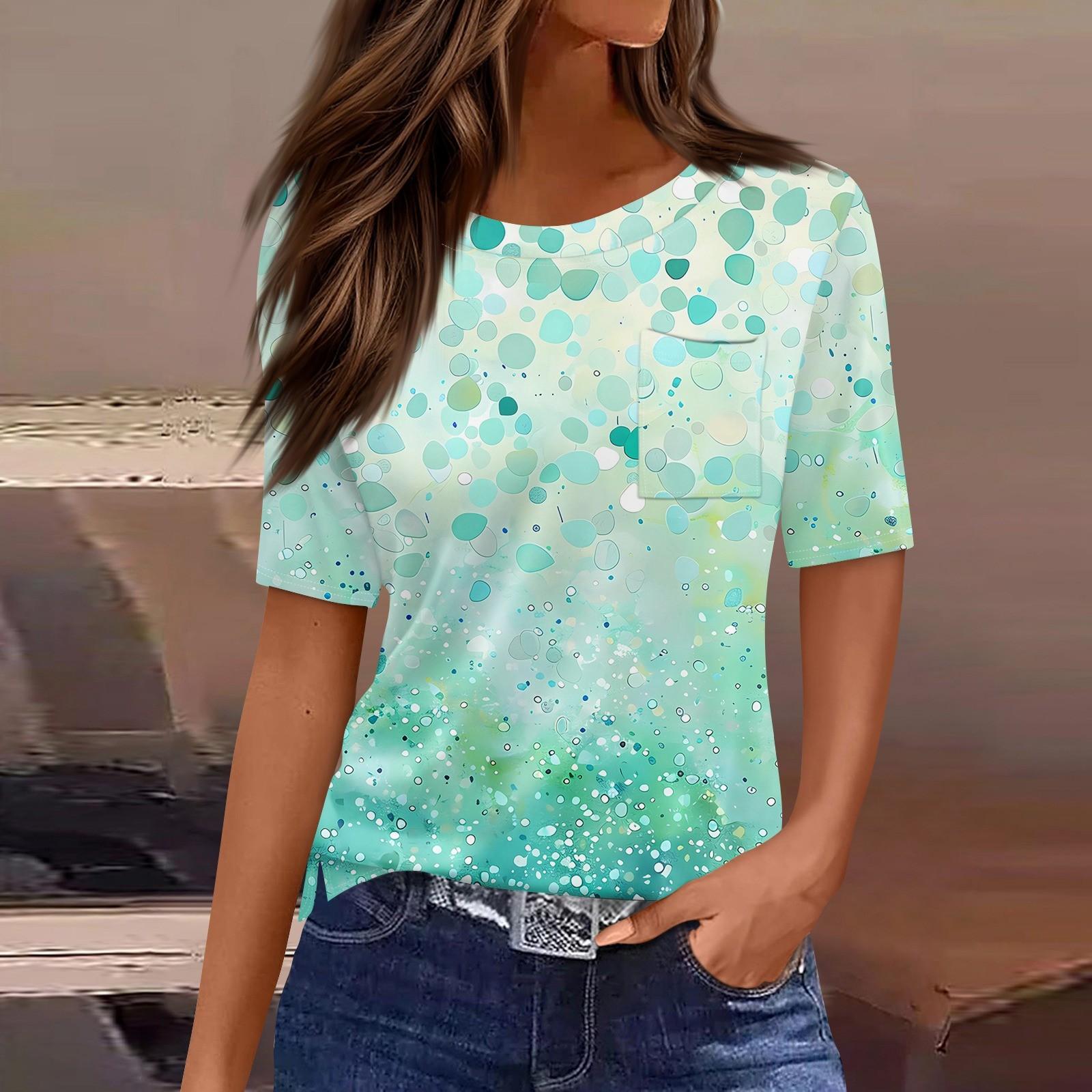 

Футболки для женщин с круглым вырезом, нарядные повседневные блузки с принтом, короткие рукава, летние топы свободного кроя L
