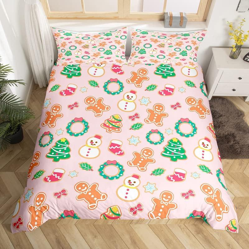 Gingerbread Man Xmas Theme Duvet Cover Christmas Comforter Cover Cartoon Snowman Christmas Tree Bedding Set Pink Quilt Cover