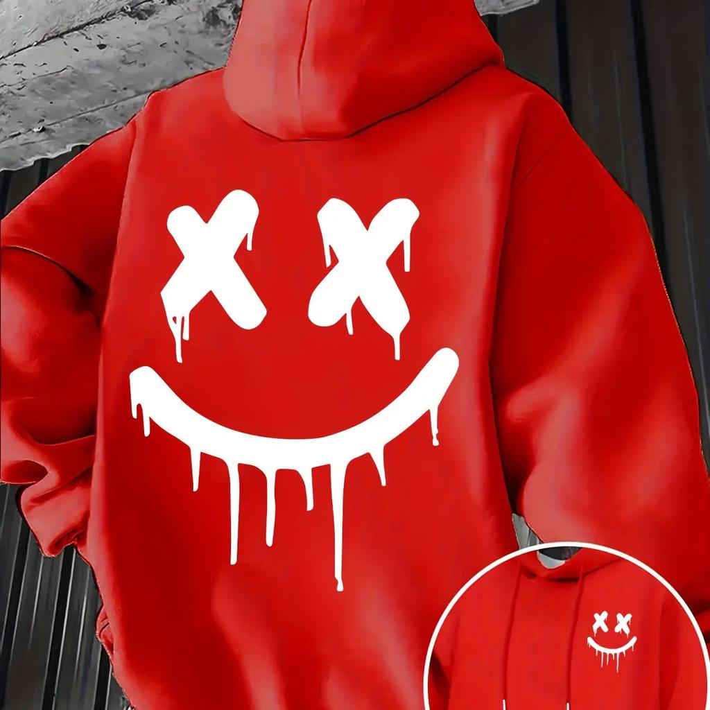 Smiley Face Print Men's and Women's Autumn  Winter Trendy Printed Hooded Fleece Sweatshirt Front and Back Printed Casual Hoodie