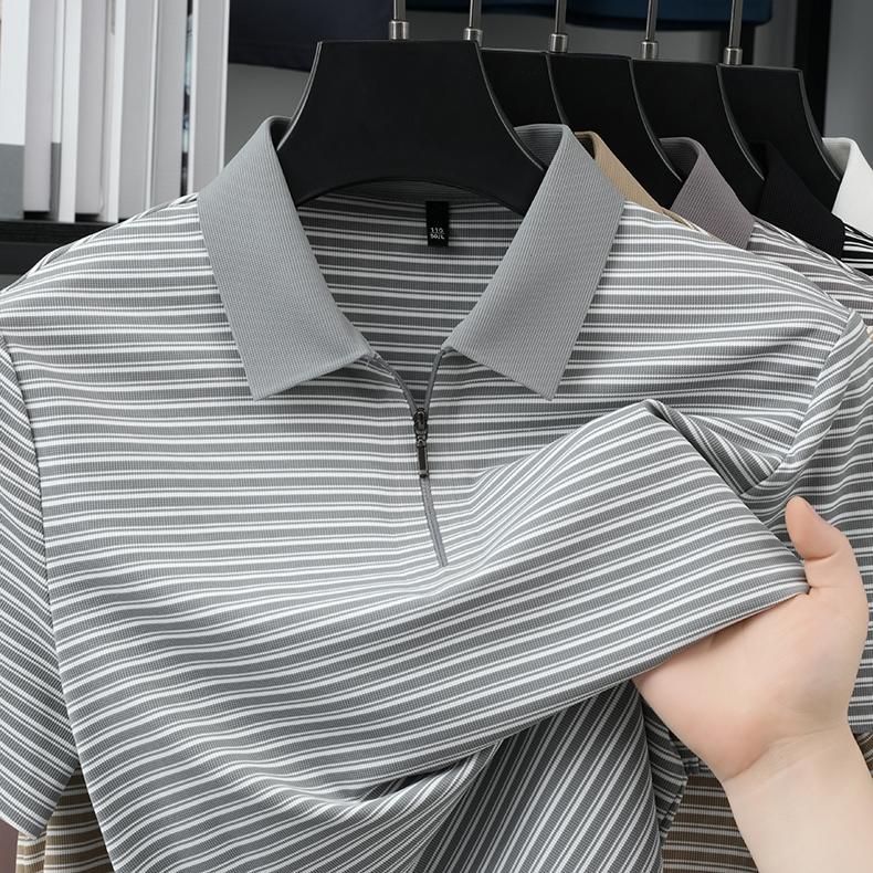 Classic Striped Men's Casual Seamless Zipper Polo Shirt with Four-way High Elasticity