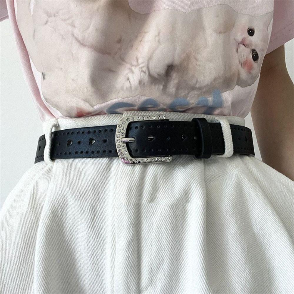 Love Heart Y2K Wide Belt Punk PU Leather Waistbands Lovely Rhinestone Waist Belt  Spice Girl
