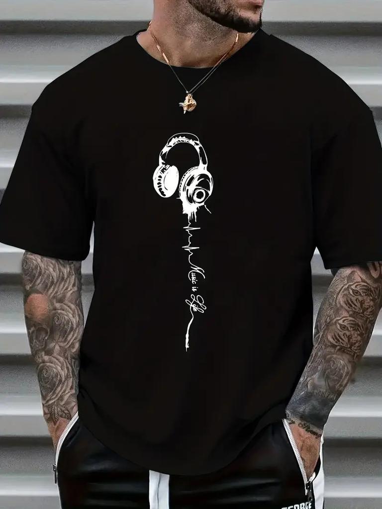 Cotton New Bestselling Headphone Letter Printed Roundneck Shortsleeved Tshirt Unisexs Top Graphic T Shirts Streetwear