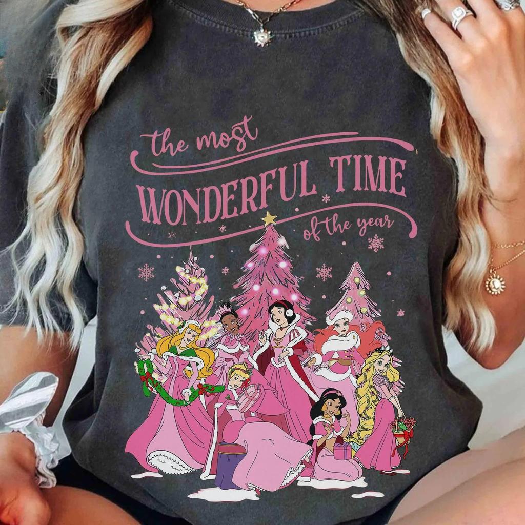 Retro Disney Princess Characters Pink Christmas TShirt Oversized Pure Cotton Short Sleeve Unisex Oversized Loose Casual