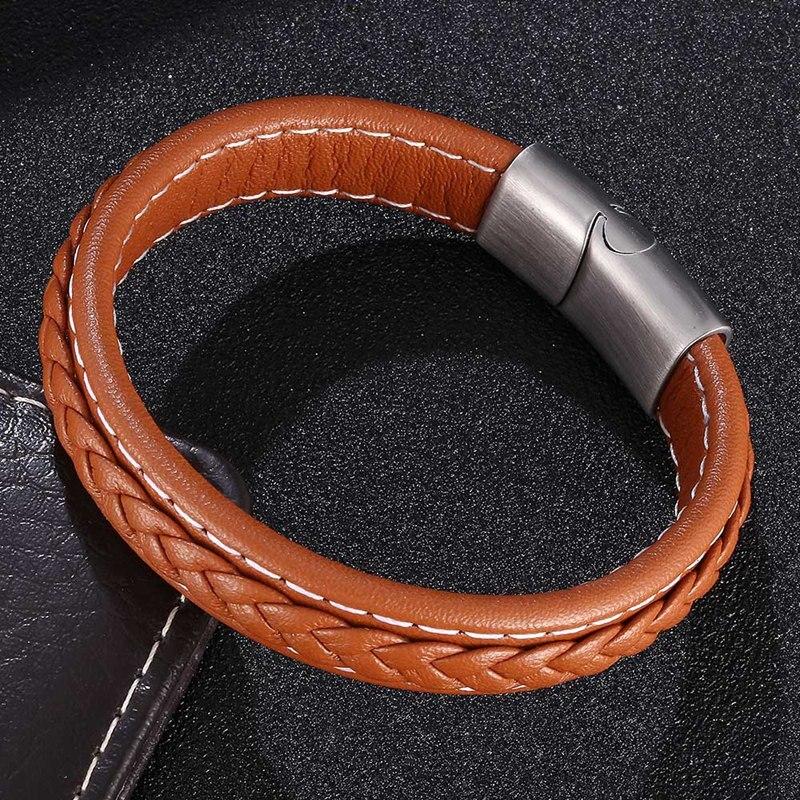 New Punk Men Jewelry Braided Leather Bracelet Stainless Steel Clasp Fashion Bangles Wrap Bracelet Gift