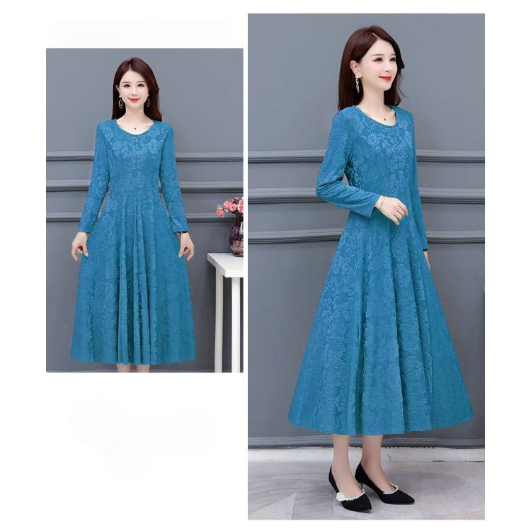 Abito Maxi Lussuoso Jacquard Floreale Girocollo Maniche Lunghe per Madri Elegante Abito da Ballo