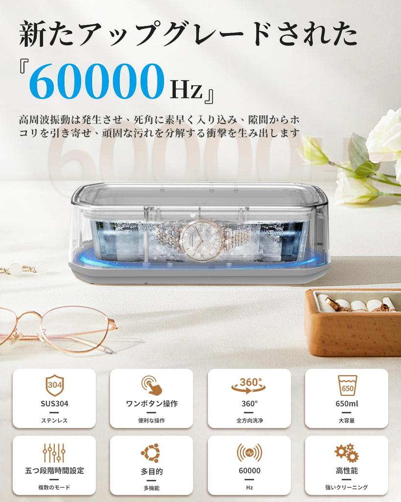 [Amazon.co.jp Exclusive] Rimsge Ultrasonic Eyeglass Cleaner - 60000Hz Powerful Vibration, 650ml Large Capacity, Compact Home Use, 5-Stage Timer Functi