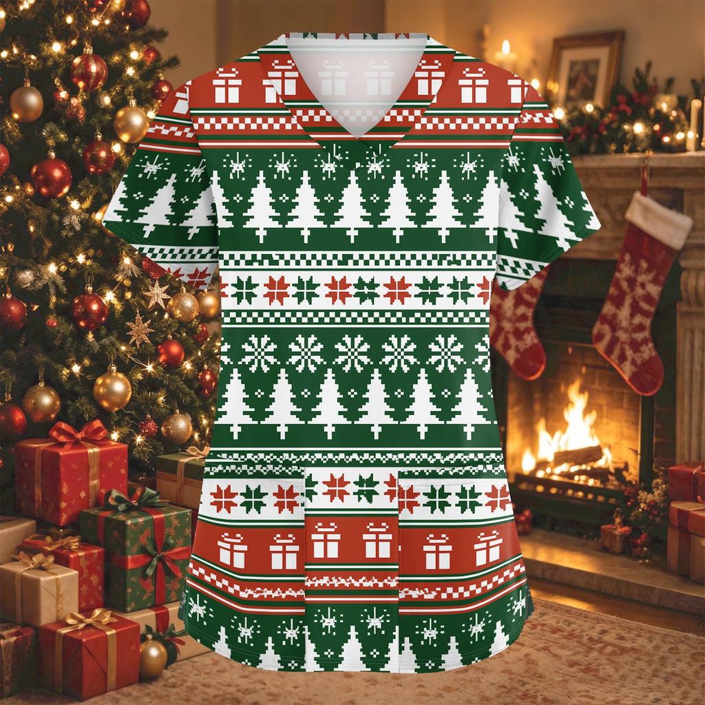Women's V-Neck Short Sleeve Christmas Print Work Tunic Top with Pockets and Side Slits