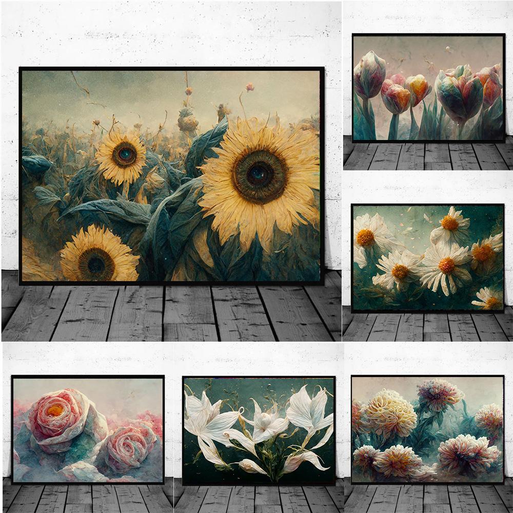 Abstract Flower Surrealism Artist Prints Poster Canvas Painting Modern Wall Art Pictures For Living Room Bedroom Home Decoration