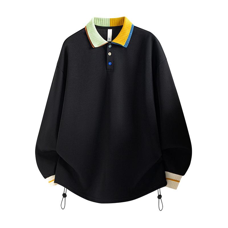 Men's Oversized Color Block Collar Long Sleeve Polo Shirt, Drawstring Hem Casual Top with Contrast Buttons, Streetwear Sweatshirt