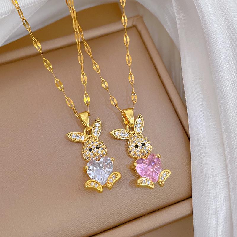 Titanium Steel Rabbit Necklace and Earrings Set - Light Luxury Micro-Inlaid Design for Banquets and Personal Style