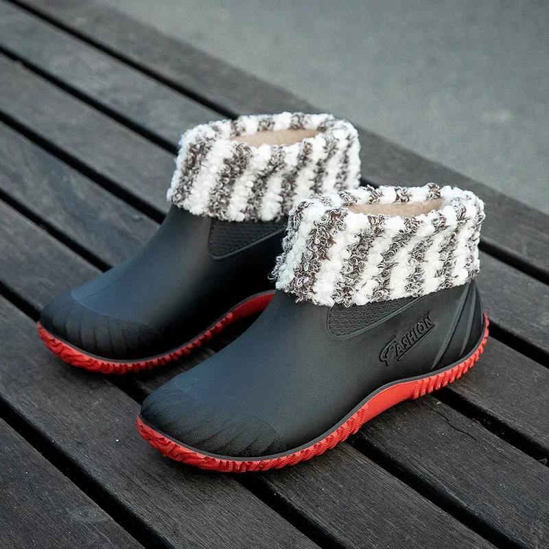 Ankle Boots for Women New Waterproof Low Top Rain Shoes Women Slip Resistant Fashion with Cotton Rain Boots Women Rubber Shoes