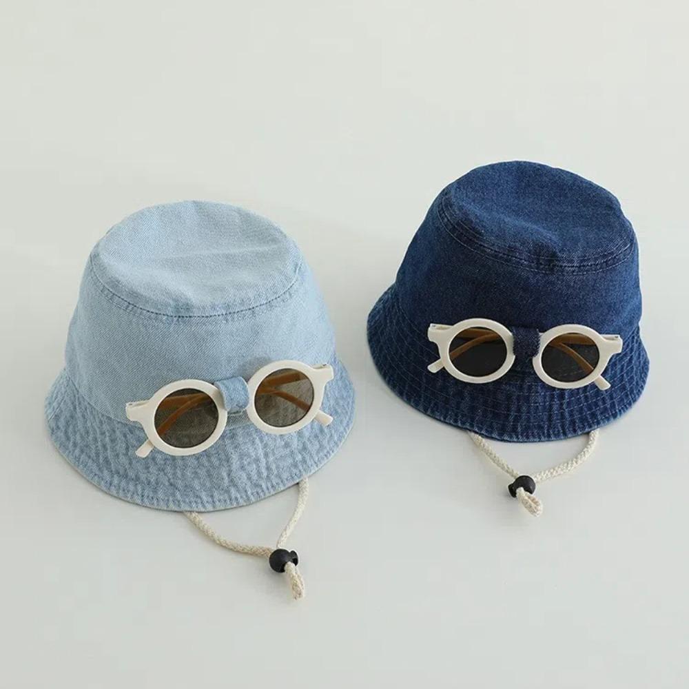 Solid Color Baby Hat With Sunglasses Spring Denim Bucket Hat Fisherman Hats For Kids 1-4 Year