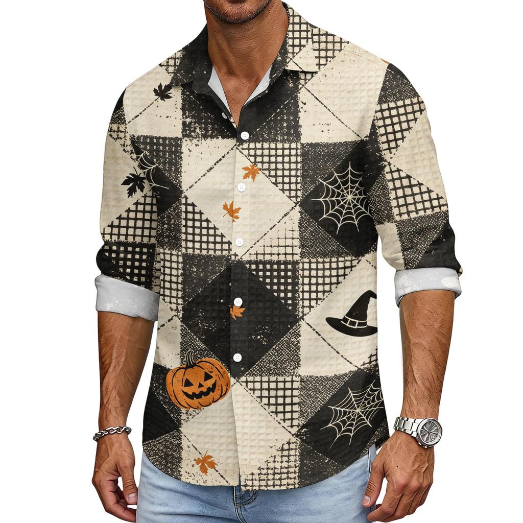 Men's Loose Fit Long Sleeve Shirt with Turn Down Collar Halloween Theme Vintage Casual Button Down Shirt for Spring Autumn Outdoor Daily Wear