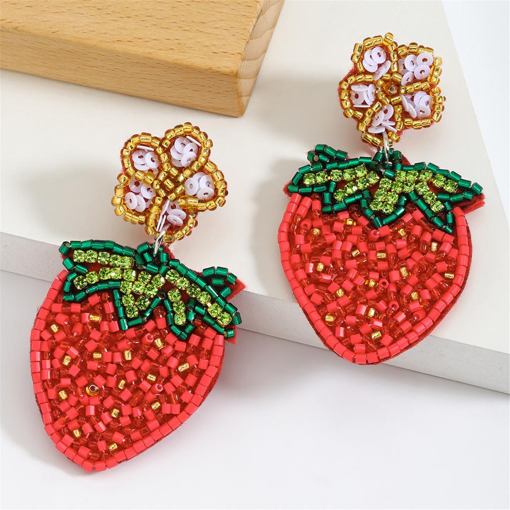 Cute Fruit Beaded Rhinestones Earrings Exquisite Beaded Strawberry Flower Drop Ear Studs Unique Earrings for Party Wear