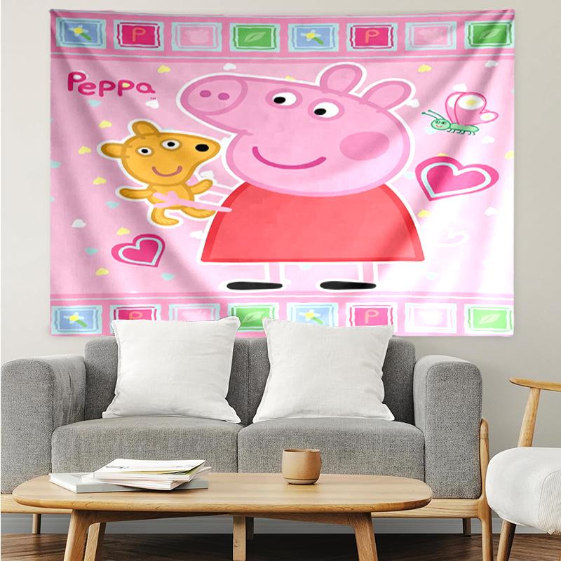 Peppa-Pig Print Tapestry, Backdrop, Easy Setup, Ideal for Bedroom, Office & Living Room, with Aesthetic Wall Hanging Decor.
