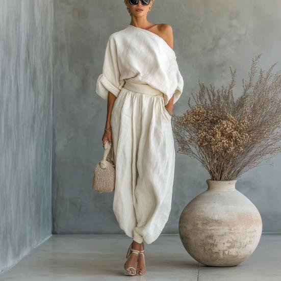 Damen 2-teilige Outfits Kurzarm Off-Shoulder Pullover Oberteil und Lockere Haremshosen Set Sommerurlaub Loungewear Sets