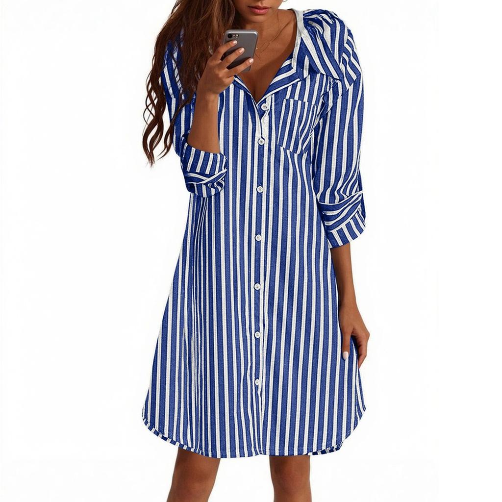 Ladies' Fashionable Striped Lapel Casual Long Sleeved Loose And Comfortable Button Up Dress
