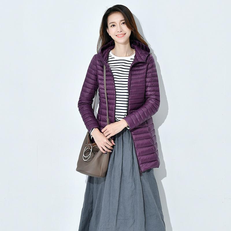 New light down jacket women's medium and long hooded large size slim fit thin light winter coat