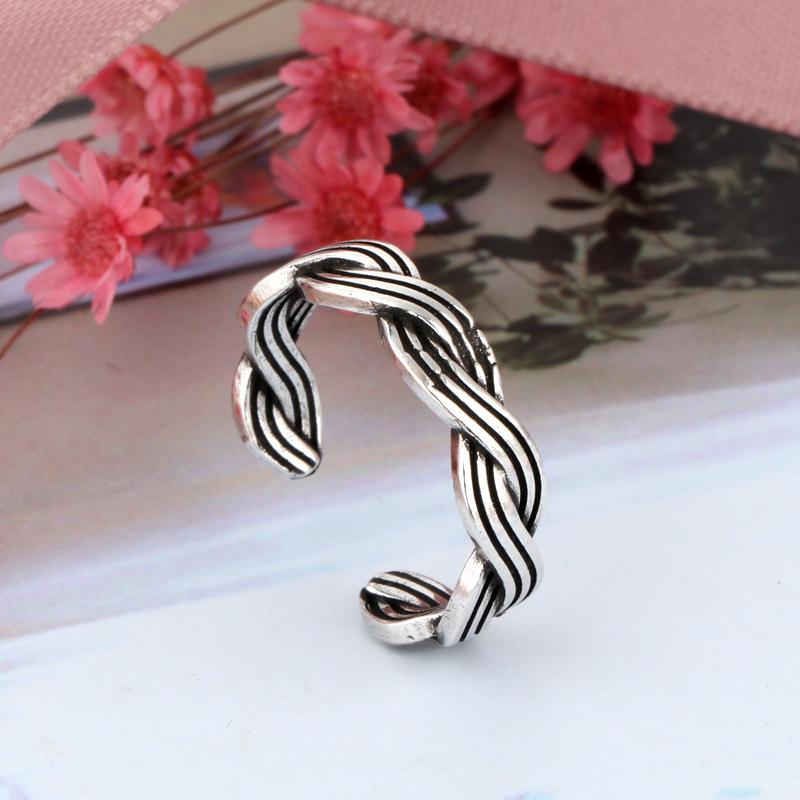 Korean Version Korean Thai Ring Retro Woven Women's Support Opening Stone Brick Pattern Ring Jewelry