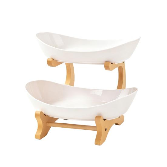Multi Layer Fruit Basket with Bamboo Stand, Plastic Tiered Snack Tower for Candy Nuts, Space Saving Kitchen Counter Organizer for Living Room Dual Layer белый