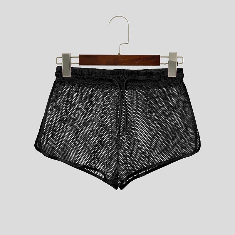 INCERUN Herren Sexy Durchsichtiges Netz Hohl geschnittene Shorts Kordelzug Seitenschlitz Atmungsaktiv Loungewear Schlafhose M schwarz