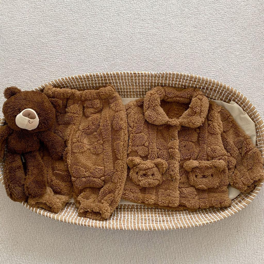 Cute Bear Plush Baby Pajama Set Winter Fleece Kids Homewear Two Piece Suit Soft Warm Children Sleepwear