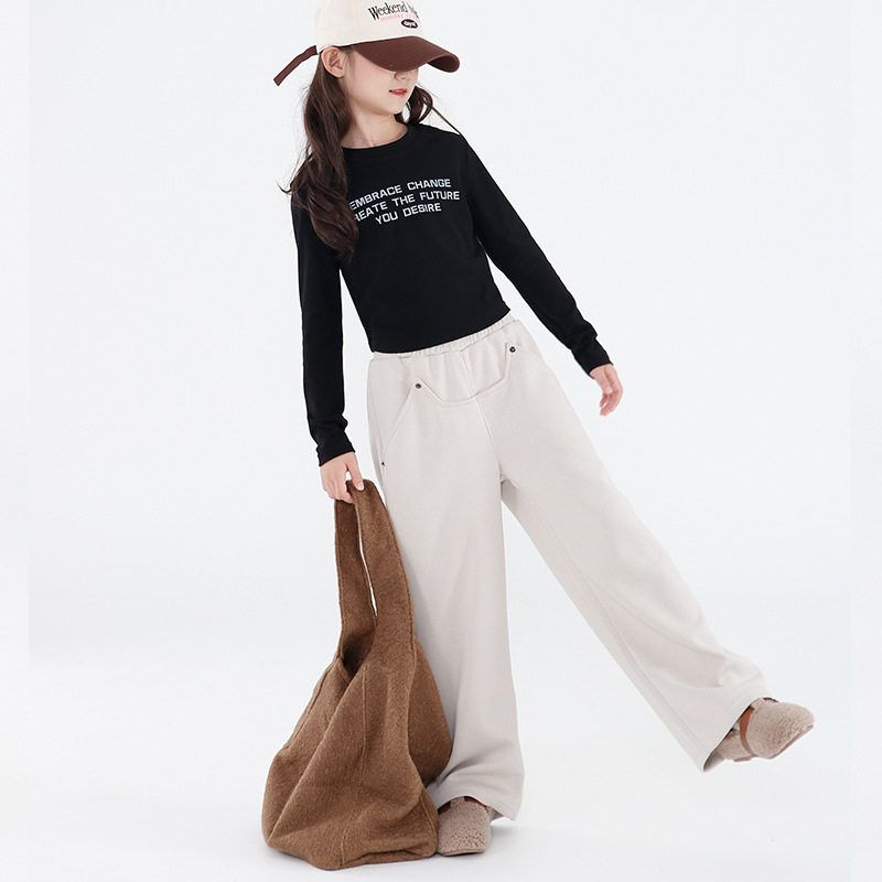 Girls' Sports Pants, Spring and Autumn Children's Clothing, Loose Wide-Leg Pants for Kids, Casual Solid Color Mid-Waist Pants for Older Children