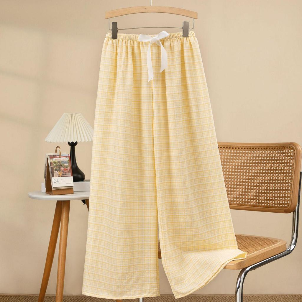 Women's Cloud Cotton Plaid Pajama Pants - Summer Casual Wide-Leg, Lightweight, Outdoor-Friendly, Yarn-Dyed, Long Style