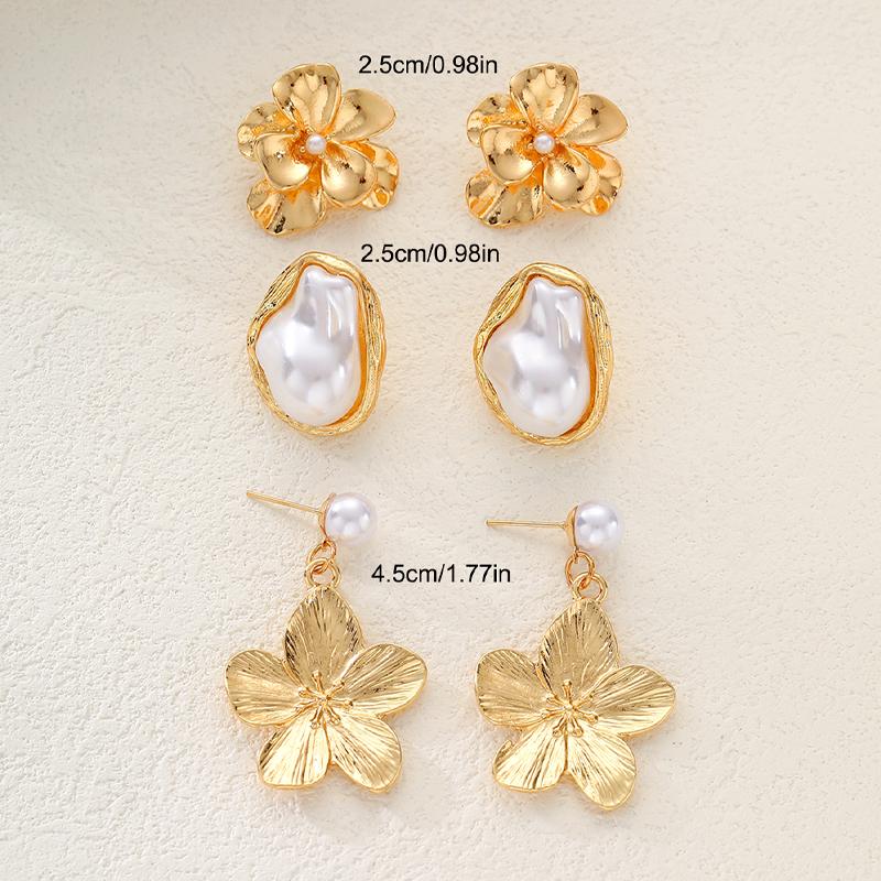 6 Pcs Vintage Flower Pearl Earrings Set Gold Plated Exquisite Irregular Baroque Pearl Drop Earring For Women Party Jewelry Gifts