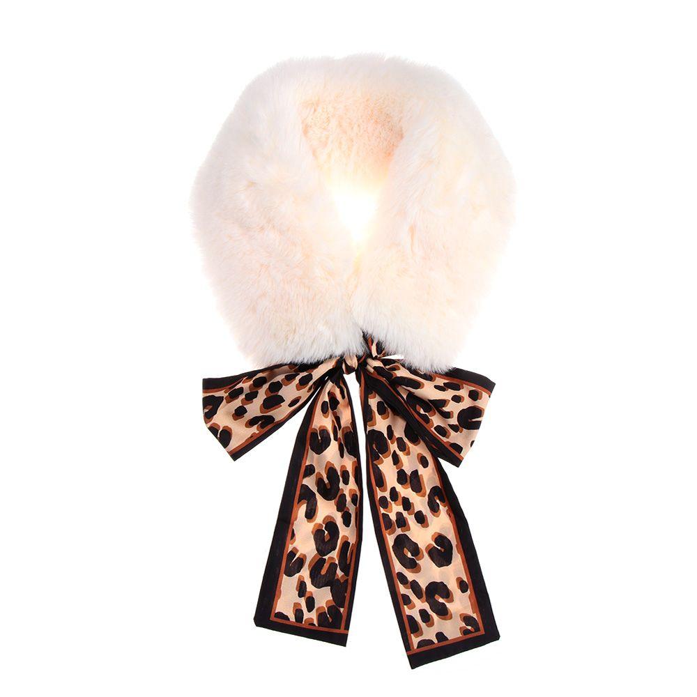 

Autumn Winter Neck Warmer Warmer Shawl Plush Faux Fur Collar Scarf Leopard Ribbons бежевий