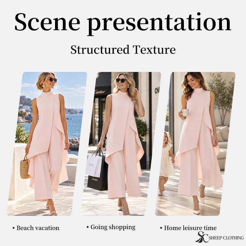 Women's High Neck Asymmetrical Sleeveless Top and Wide Leg Pants Two Piece Set