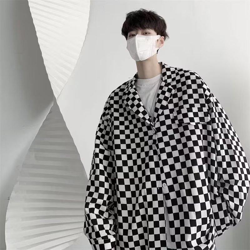 

Мужская и женская рубашка в клетку и с принтом, рубашка с длинными рукавами, свободная рубашка в японском гонконгском стиле для мальчиков, летняя модная универсальная повседневная рубашка