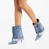 Fashion Blue Denim Slim Heel Cuffed Short Boots Rivet Pocket Design Pointed Toe Metal Buckle High Heel Fashion Large Size 45 Women Boots