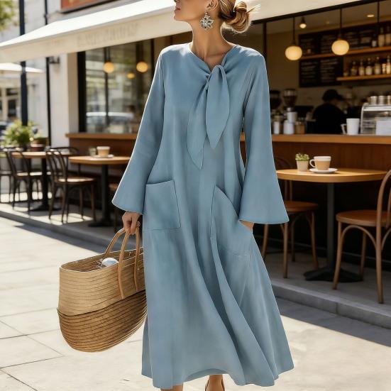 Summer Cotton Dress for Women Casual Flowy Beach Vacation Sundress Tie Neck Long Sleeve A-Line Swing Dress with Pockets