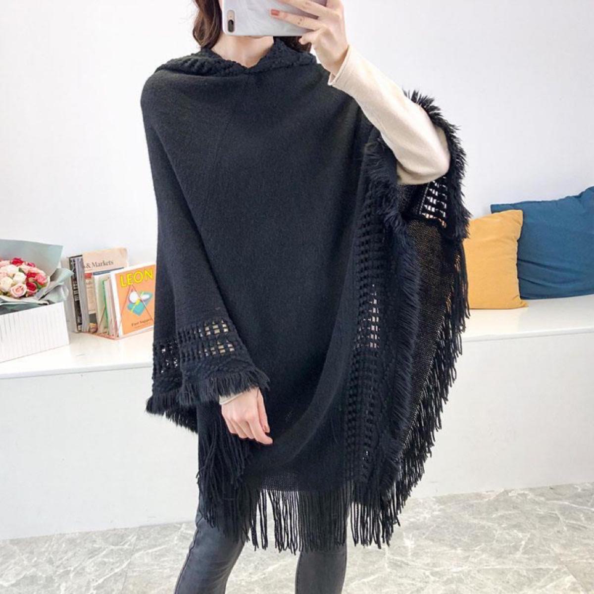 

2023 Женская накидка-шаль с капюшоном и кисточками — размер плюс, однотонная, свободный крой 60-80cm