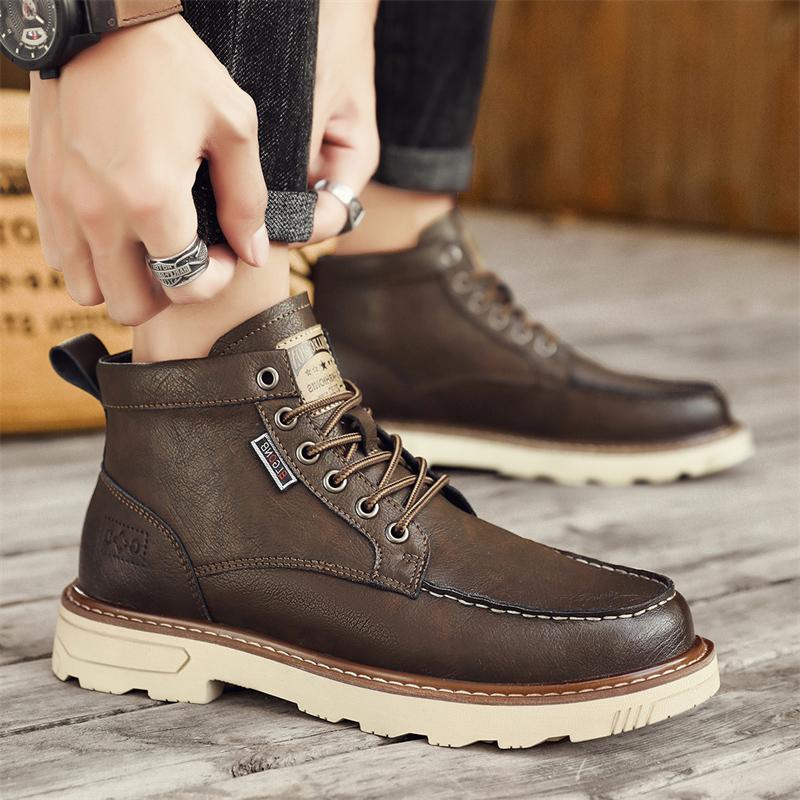 Fashion 2025 Mens Thick Bottom Boots Leather Fashion Non-Slip Motorcycle Ankle Boots British Style Comfortable Versatile Business Shoes