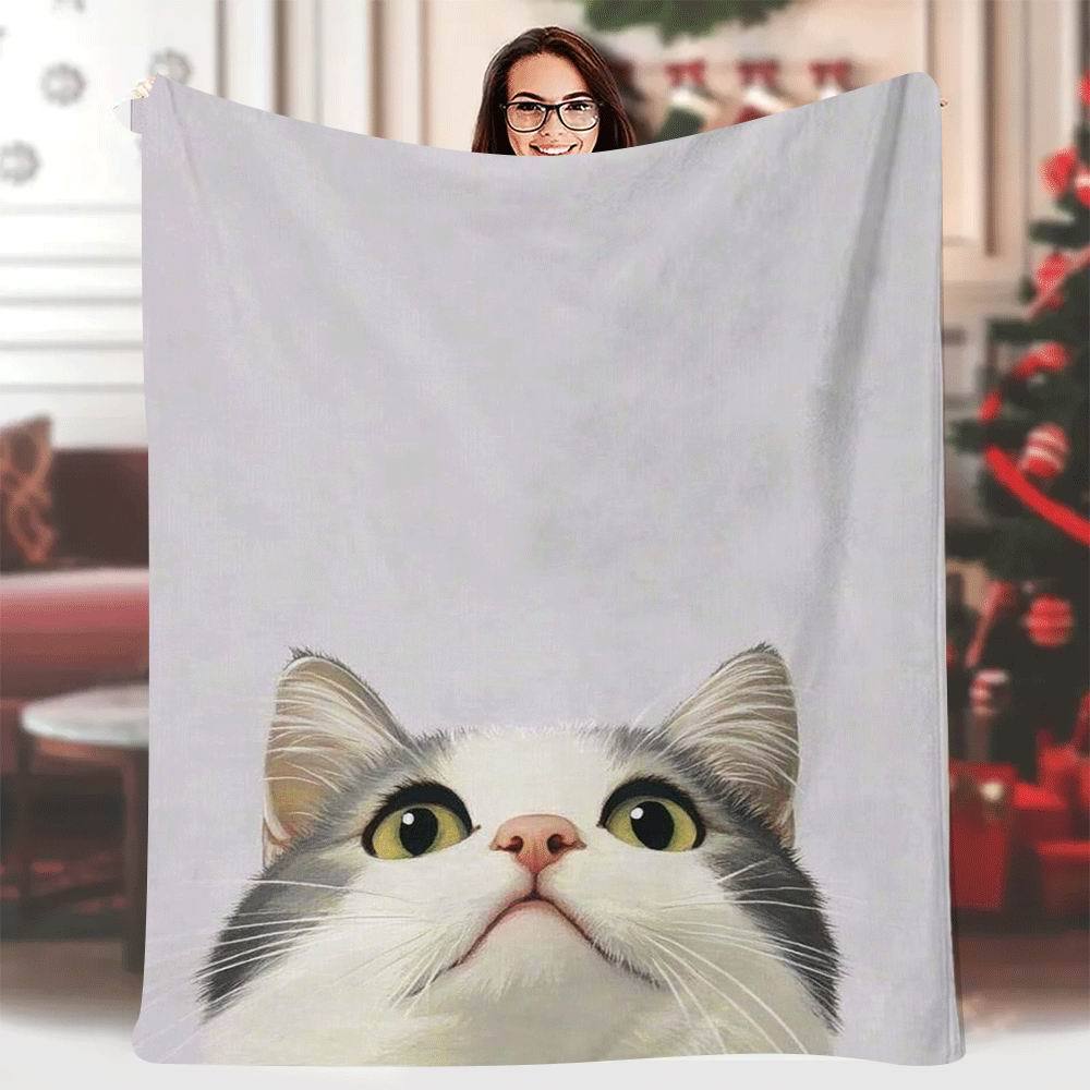 

1pc 60x80 Inch Single-Sided Printed Blanket - White & Gray Cat with Green Eyes on White Background, Retro Style Cozy Soft Lightw 70x100cm28x39in