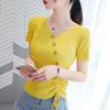 Women's Ice Silk V-neck Tie-Up Short-Sleeve Knitted Top, 2025 Summer Slim-Fit Button Pullover