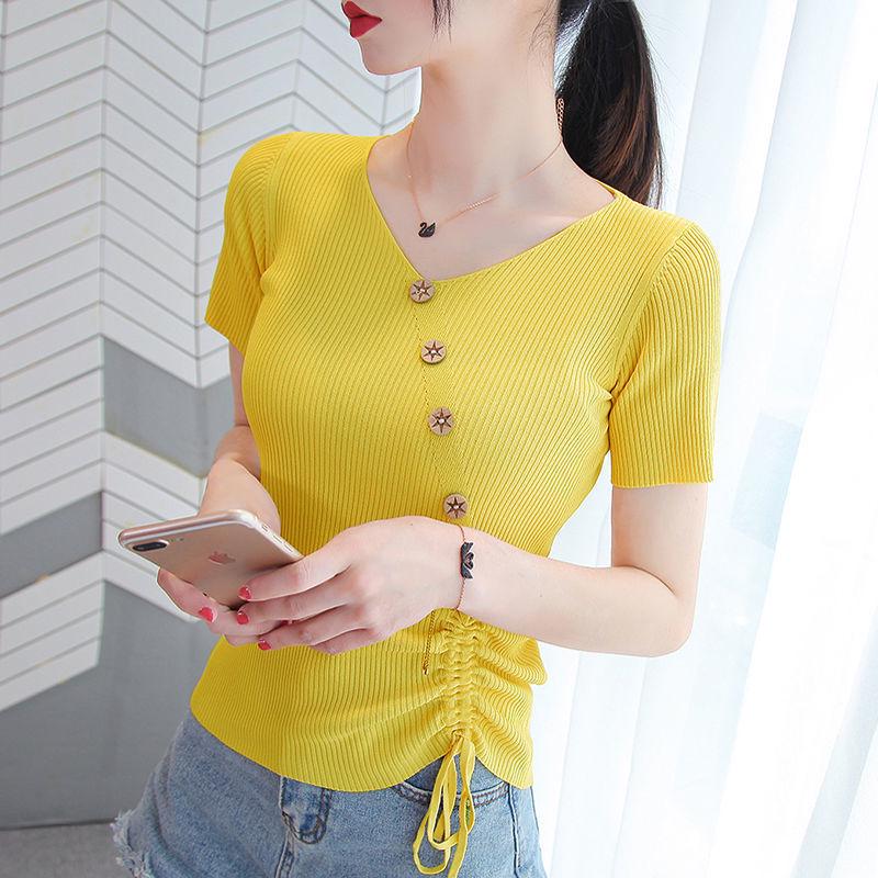 Women's Ice Silk V-neck Tie-Up Short-Sleeve Knitted Top, 2025 Summer Slim-Fit Button Pullover
