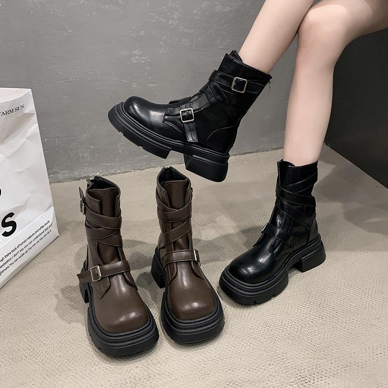 Brown casual and thin British style platform Martin boots women's 2025 autumn new small round head thick heel short boots
