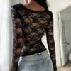 2026 Summer New American-Style Personality Spicy Girl Sexy Long-Sleeve T-Shirt with Lace Splicing and Hollow-Out Black Square-Neck Top