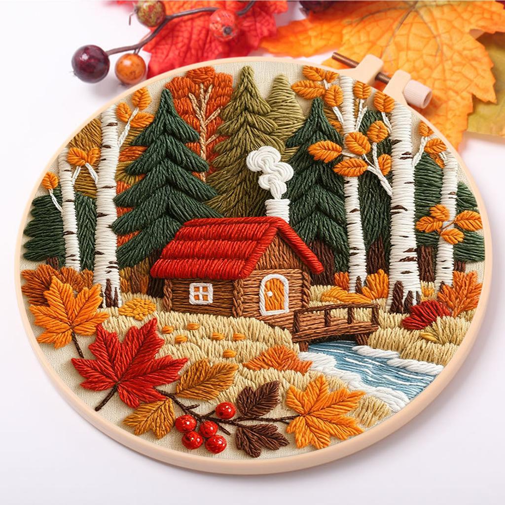 Autumn DIY Stitches Kit with Embroidery Hoop Embroidery Stitches Practice Kit Needlepoint Kit for Beginners Craft Lovers Gift