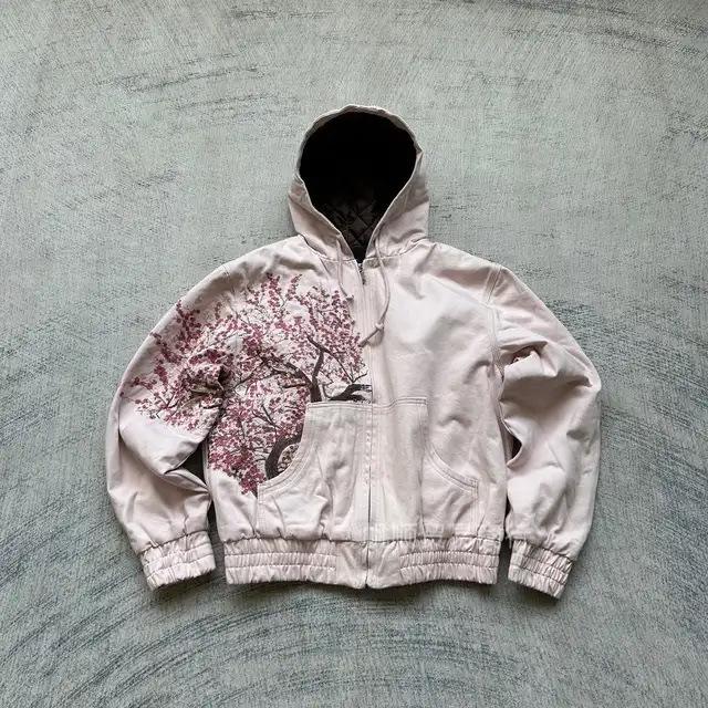 Women's Hooded Long Sleeve Zip Up Jacket Oversized Streetwear Cherry Blossom Print Cotton Blend Hoodie Coat