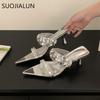Fashion SUOJIALUN 2025 Summer New Brand Women Slipper Fashion Rivet Pointed Toe Slip On Ladies Slides Thin High Heel Outdoor Dress Sanda