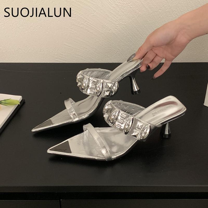Fashion SUOJIALUN 2025 Summer New Brand Women Slipper Fashion Rivet Pointed Toe Slip On Ladies Slides Thin High Heel Outdoor Dress Sanda