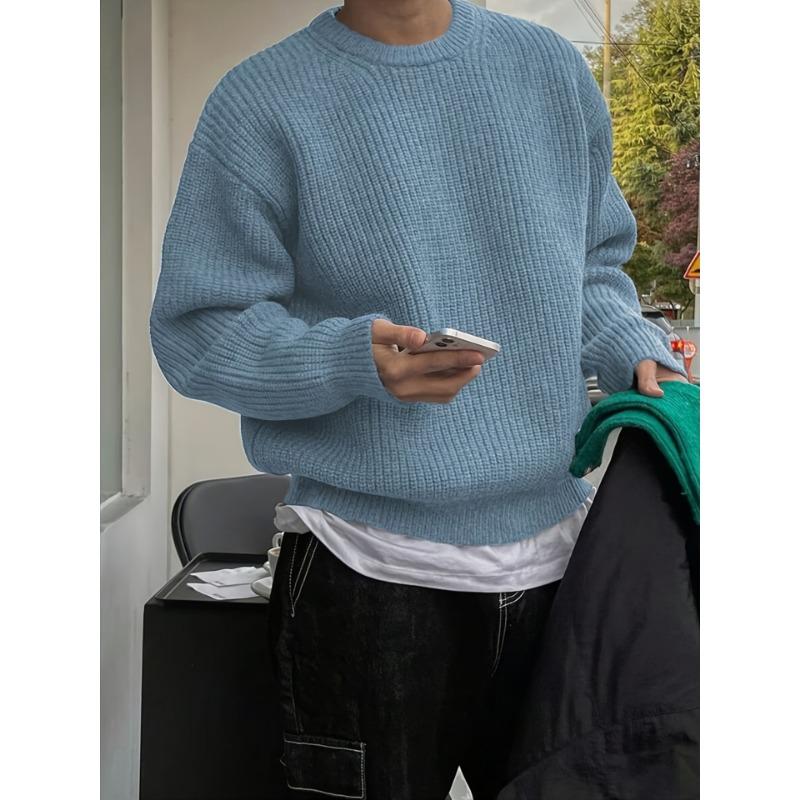 Korean Ins Style Mens Loose Round Neck Gray Knit Sweater