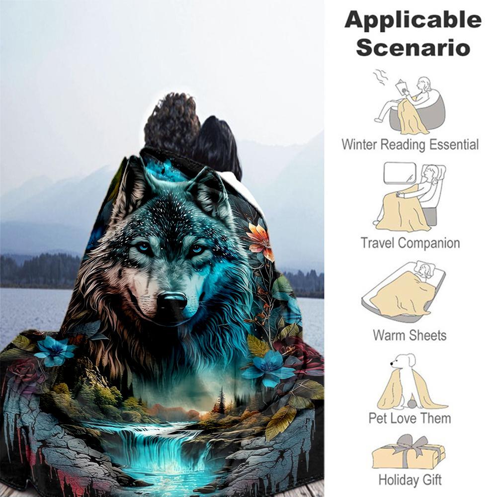 1pc Wolf Fantasy Flannel Blanket, Comfortable and Warm Blanket, for Camping Sofa Bed and Couch Office013